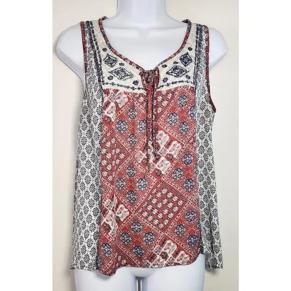 Jolt Boho Patchwork Tank Top Sleeveless Tie Neck Red Blue L - Picture 1 of 6